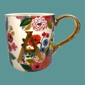 Anthropologie Rifle‎ Paper Coffee Mug Garden Party Initial A Porcelain Gold Gilt
